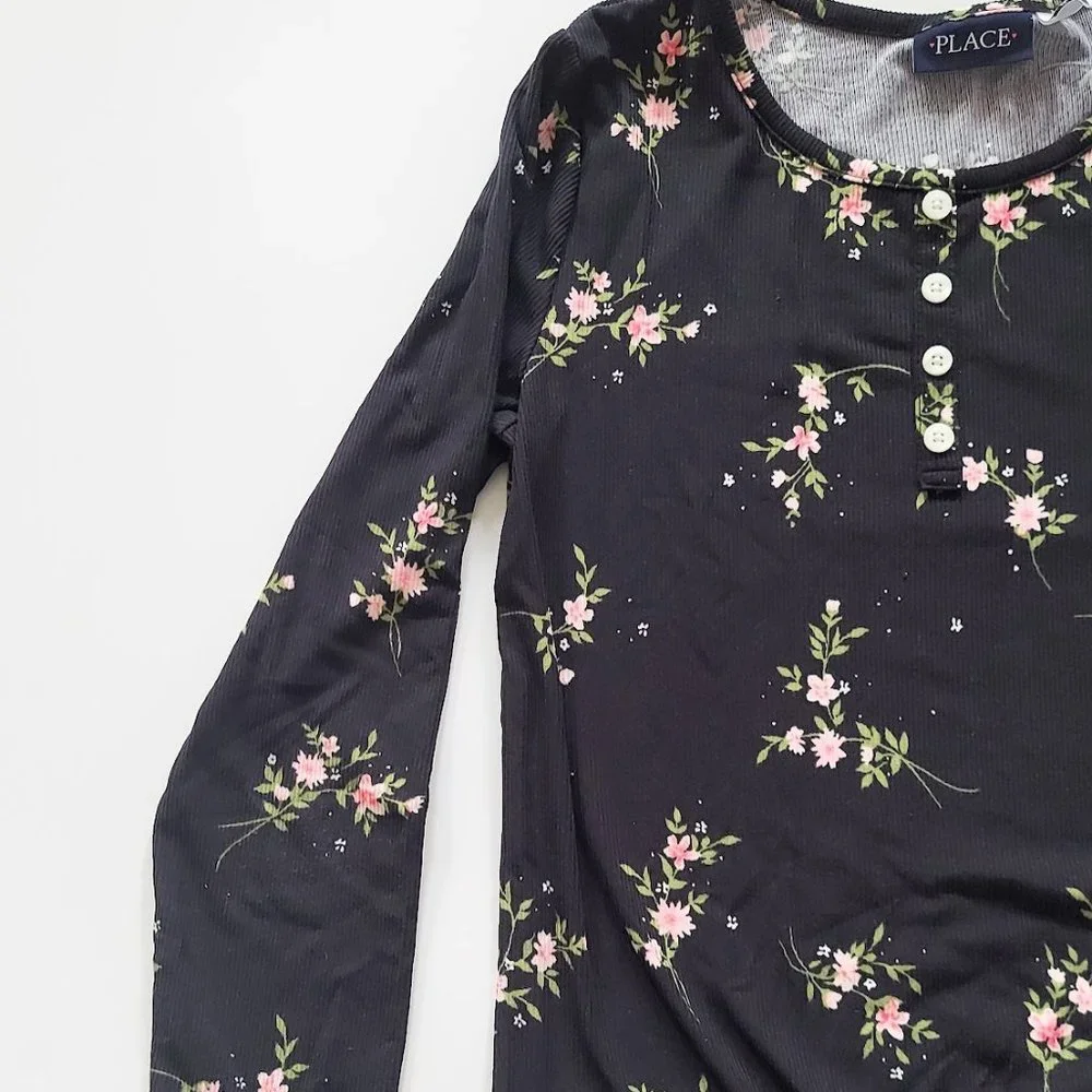 The Children's Place Girls Top Long Sleeve Black Pink Floral Knotted Front Sz 10